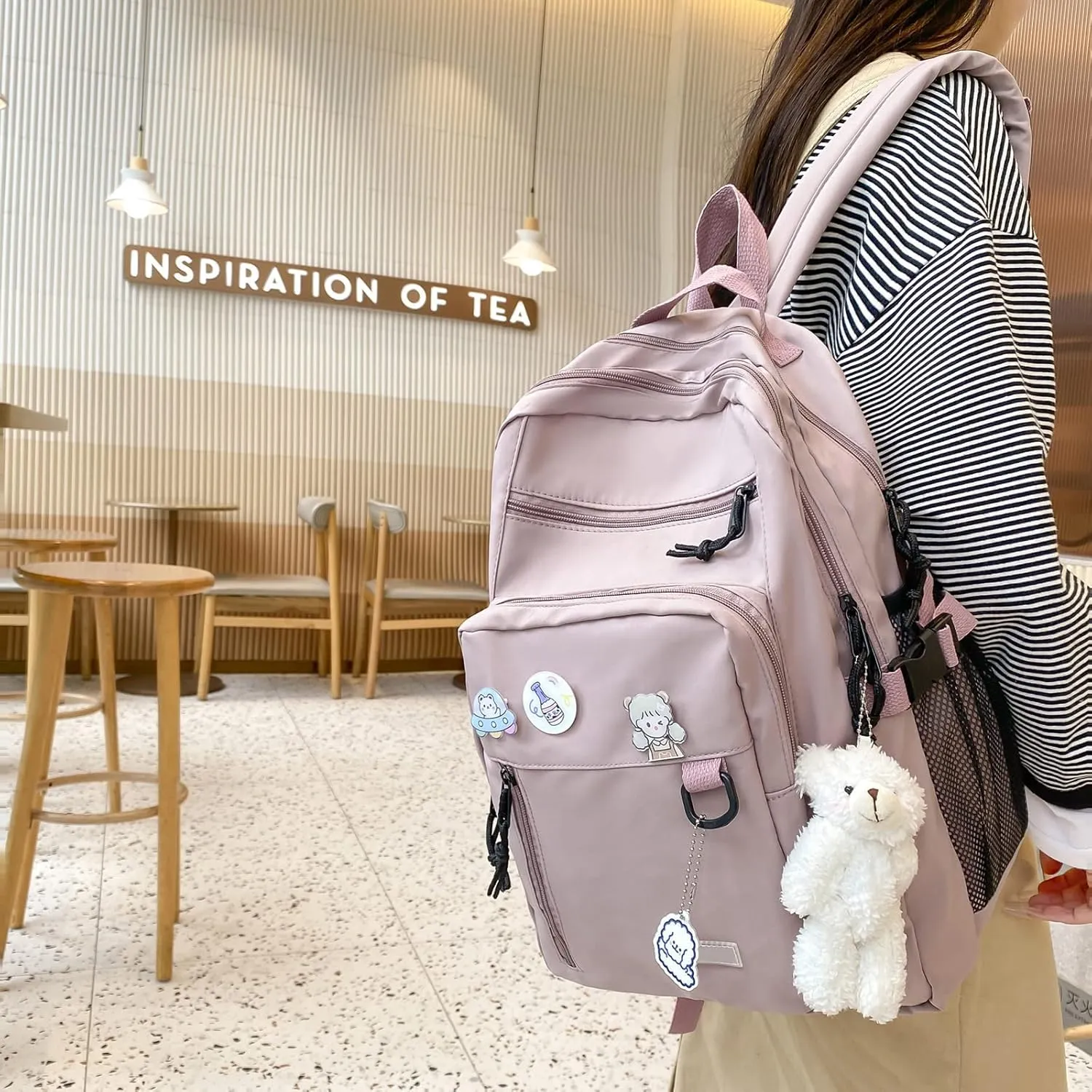 Aesthetic College Backpack with Pins and Plushies Kawaii Laptop Backpack Preppy Daypack Cute Travel Bag Book Bag (Pink,One Size)