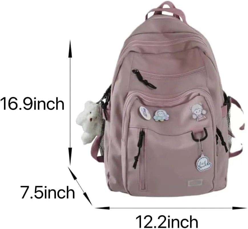 Aesthetic College Backpack with Pins and Plushies Kawaii Laptop Backpack Preppy Daypack Cute Travel Bag Book Bag (Pink,One Size)