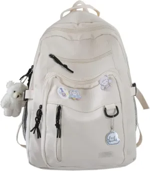 Aesthetic College Backpack with Pins and Plushies Kawaii Laptop Backpack Preppy Daypack Cute Travel Bag Book Bag (White,One Size)