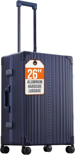 All Aluminum Lightwieght 26" Carry-On Luggage - Hardside Carry-On Suitcase, TSA Approved, Hard Shell Suitcase for Travel, Airline Approved Hard Spinner Wheels Luggage (Sapphire)