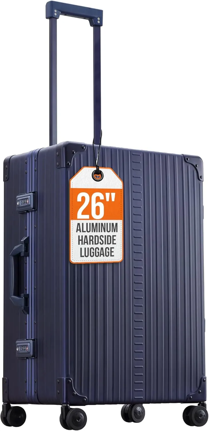 All Aluminum Lightwieght 26" Carry-On Luggage - Hardside Carry-On Suitcase, TSA Approved, Hard Shell Suitcase for Travel, Airline Approved Hard Spinner Wheels Luggage (Sapphire)