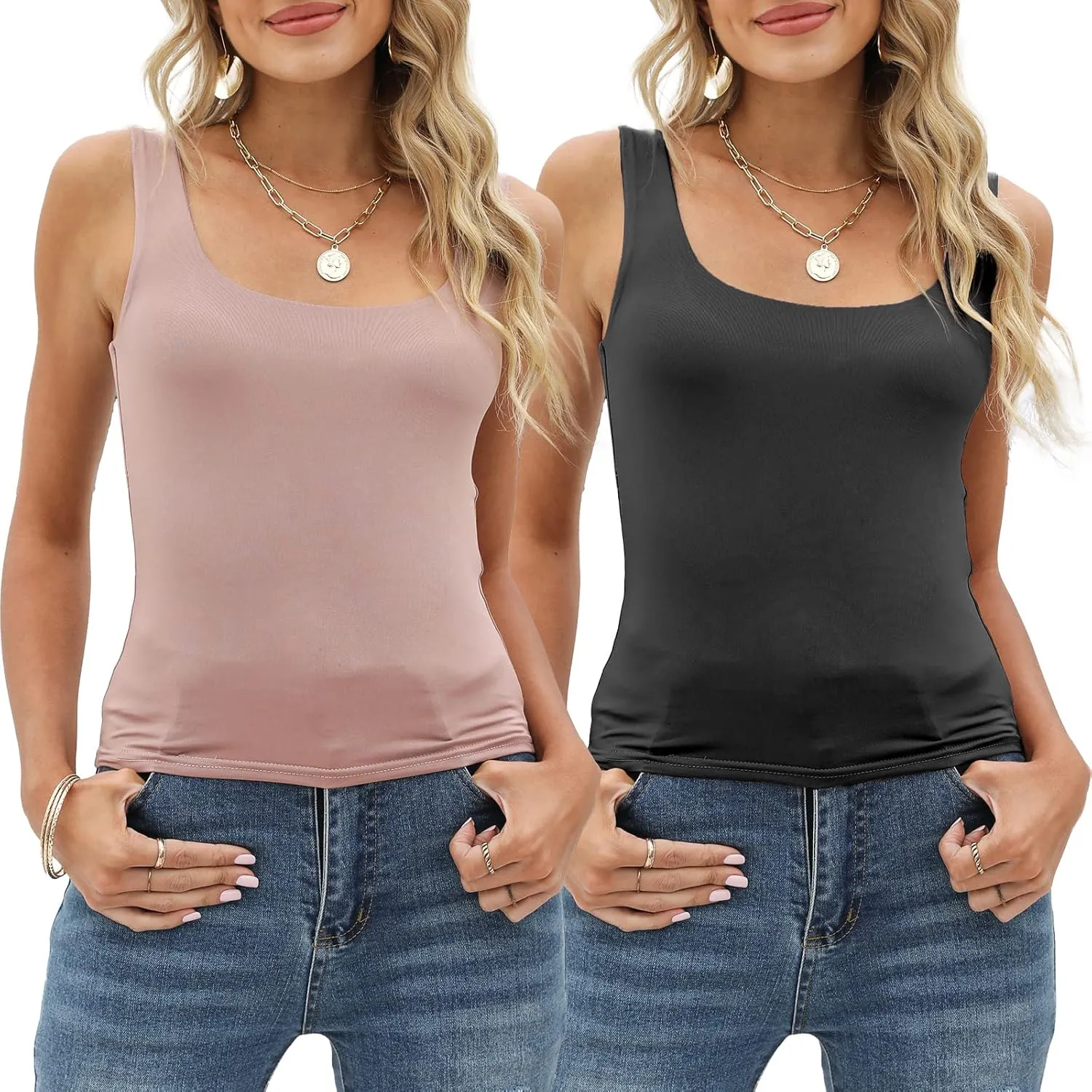 Amilia Women's 2-Pack Basic Solid Square Neck Sleeveless Double Layer Crop Tank Tops Undershirt Casual Tunic Pullover Shirts