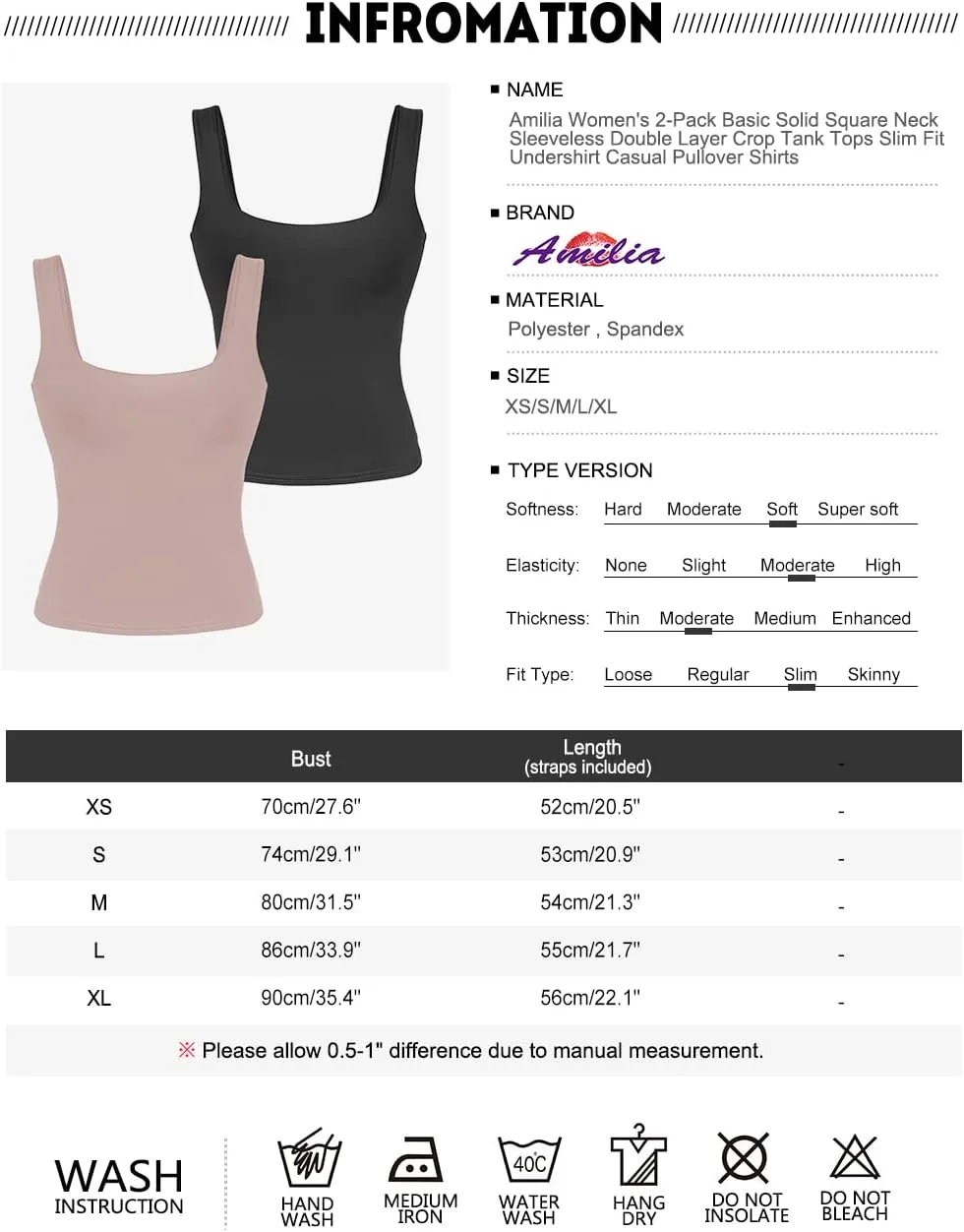 Amilia Women's 2-Pack Basic Solid Square Neck Sleeveless Double Layer Crop Tank Tops Undershirt Casual Tunic Pullover Shirts