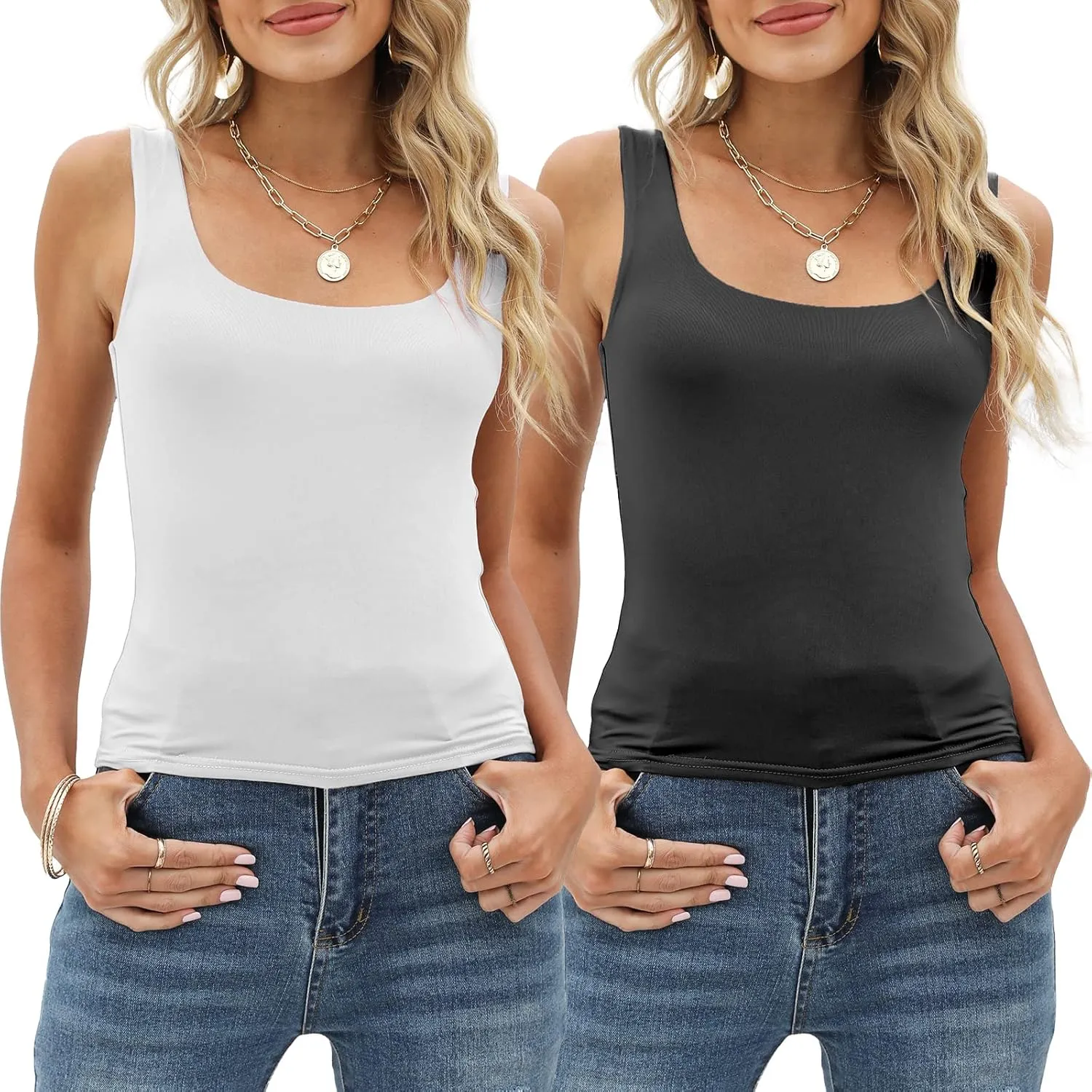 Amilia Women's 2-Pack Basic Solid Square Neck Sleeveless Double Layer Crop Tank Tops Undershirt Casual Tunic Pullover Shirts