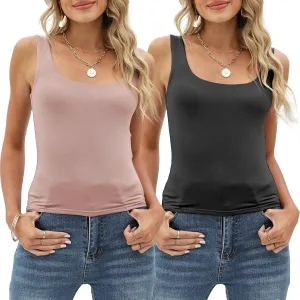 Amilia Women's 2-Pack Basic Solid Square Neck Sleeveless Double Layer Crop Tank Tops Undershirt Casual Tunic Pullover Shirts