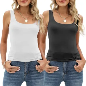 Amilia Women's 2-Pack Basic Solid Square Neck Sleeveless Double Layer Crop Tank Tops Undershirt Casual Tunic Pullover Shirts