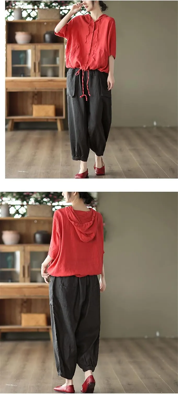Arts Style Women Elastic Waist Cotton Linen Solid Harem Pants Loose Casual Ankle-Length Pants