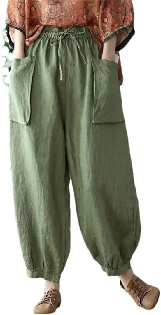 Arts Style Women Elastic Waist Cotton Linen Solid Harem Pants Loose Casual Ankle-Length Pants