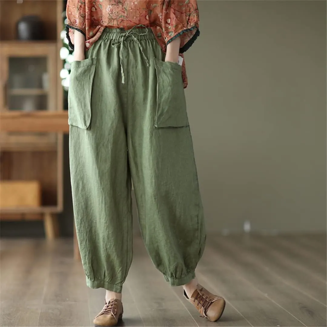 Arts Style Women Elastic Waist Cotton Linen Solid Harem Pants Loose Casual Ankle-Length Pants
