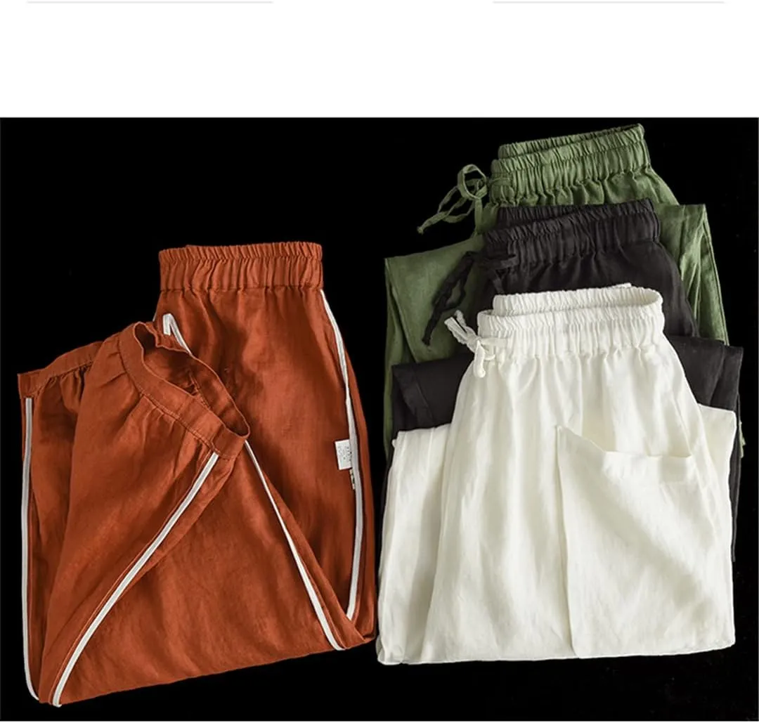 Arts Style Women Elastic Waist Cotton Linen Solid Harem Pants Loose Casual Ankle-Length Pants
