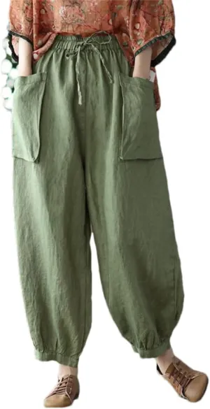 Arts Style Women Elastic Waist Cotton Linen Solid Harem Pants Loose Casual Ankle-Length Pants