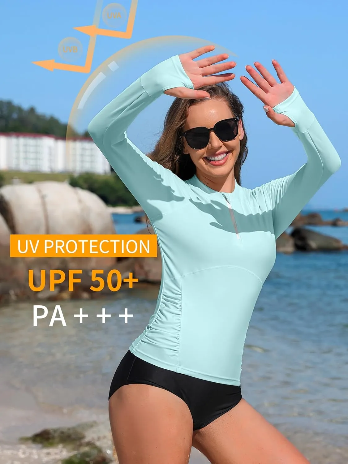 ATTRACO Women Rash Guard Long Sleeve Swimsuits UV UPF 50  Zipper Swim Shirt Quick Dry Sun Shirts