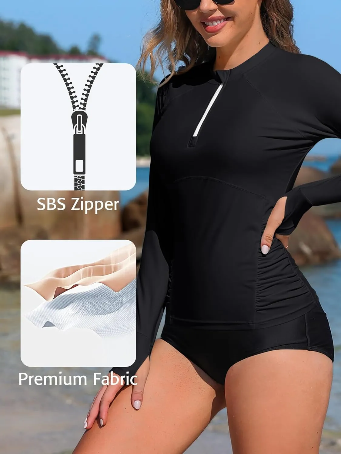 ATTRACO Women Rash Guard Long Sleeve Swimsuits UV UPF 50  Zipper Swim Shirt Quick Dry Sun Shirts