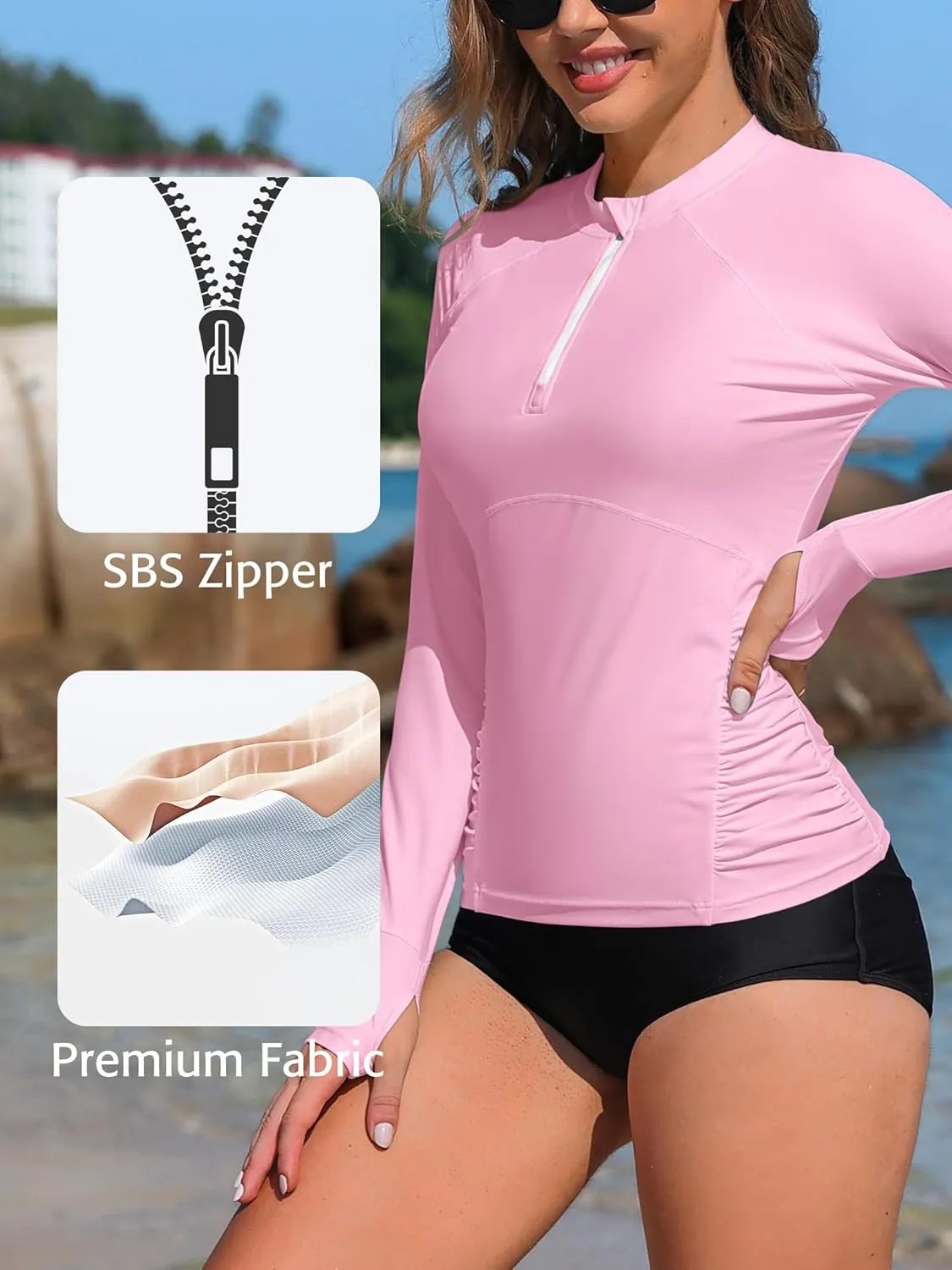 ATTRACO Women Rash Guard Long Sleeve Swimsuits UV UPF 50  Zipper Swim Shirt Quick Dry Sun Shirts