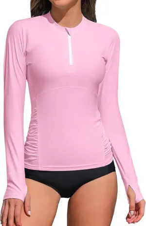 ATTRACO Women Rash Guard Long Sleeve Swimsuits UV UPF 50  Zipper Swim Shirt Quick Dry Sun Shirts
