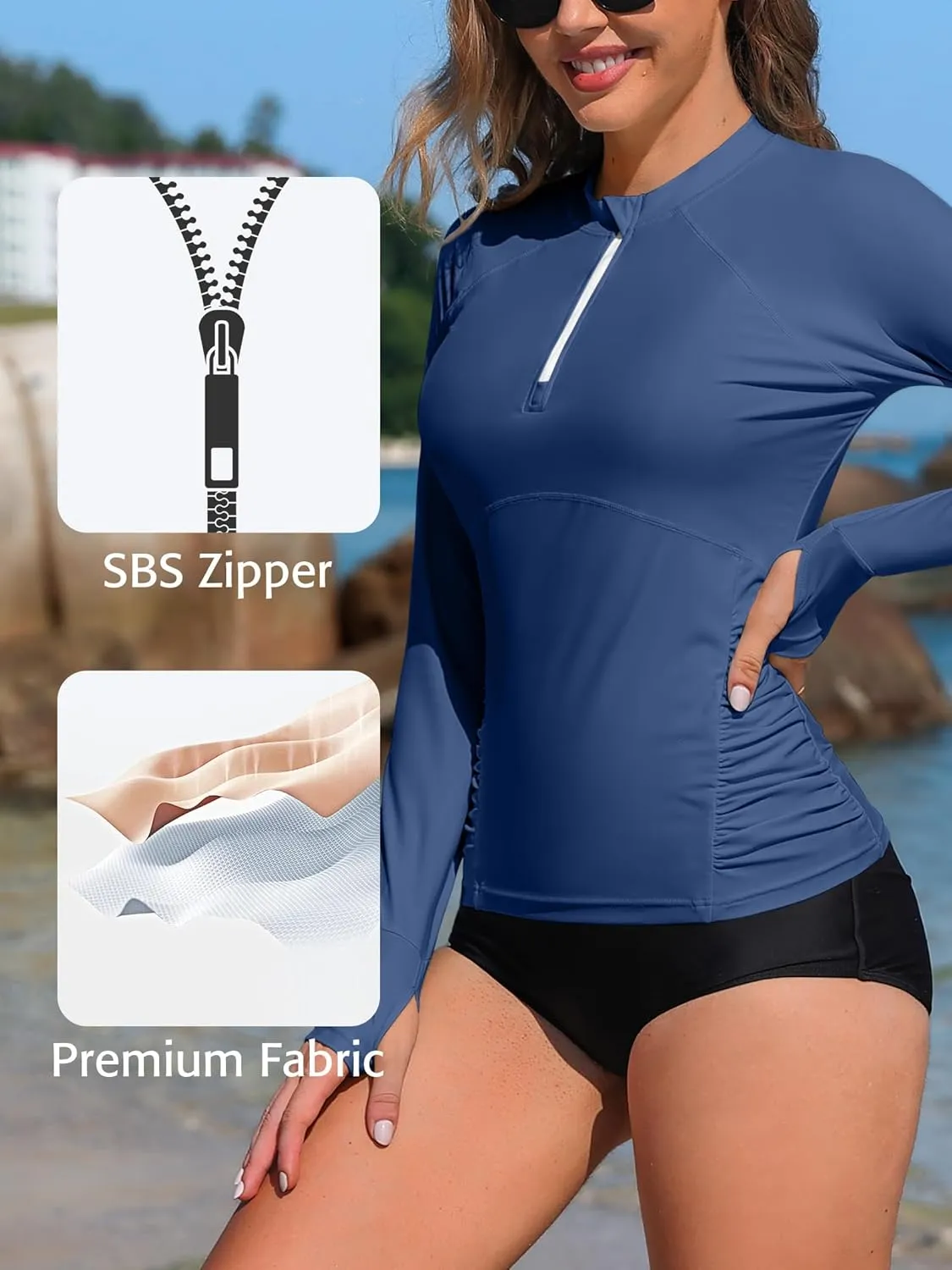 ATTRACO Women Rash Guard Long Sleeve Swimsuits UV UPF 50  Zipper Swim Shirt Quick Dry Sun Shirts