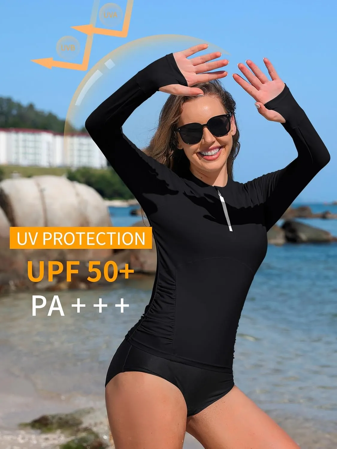ATTRACO Women Rash Guard Long Sleeve Swimsuits UV UPF 50  Zipper Swim Shirt Quick Dry Sun Shirts