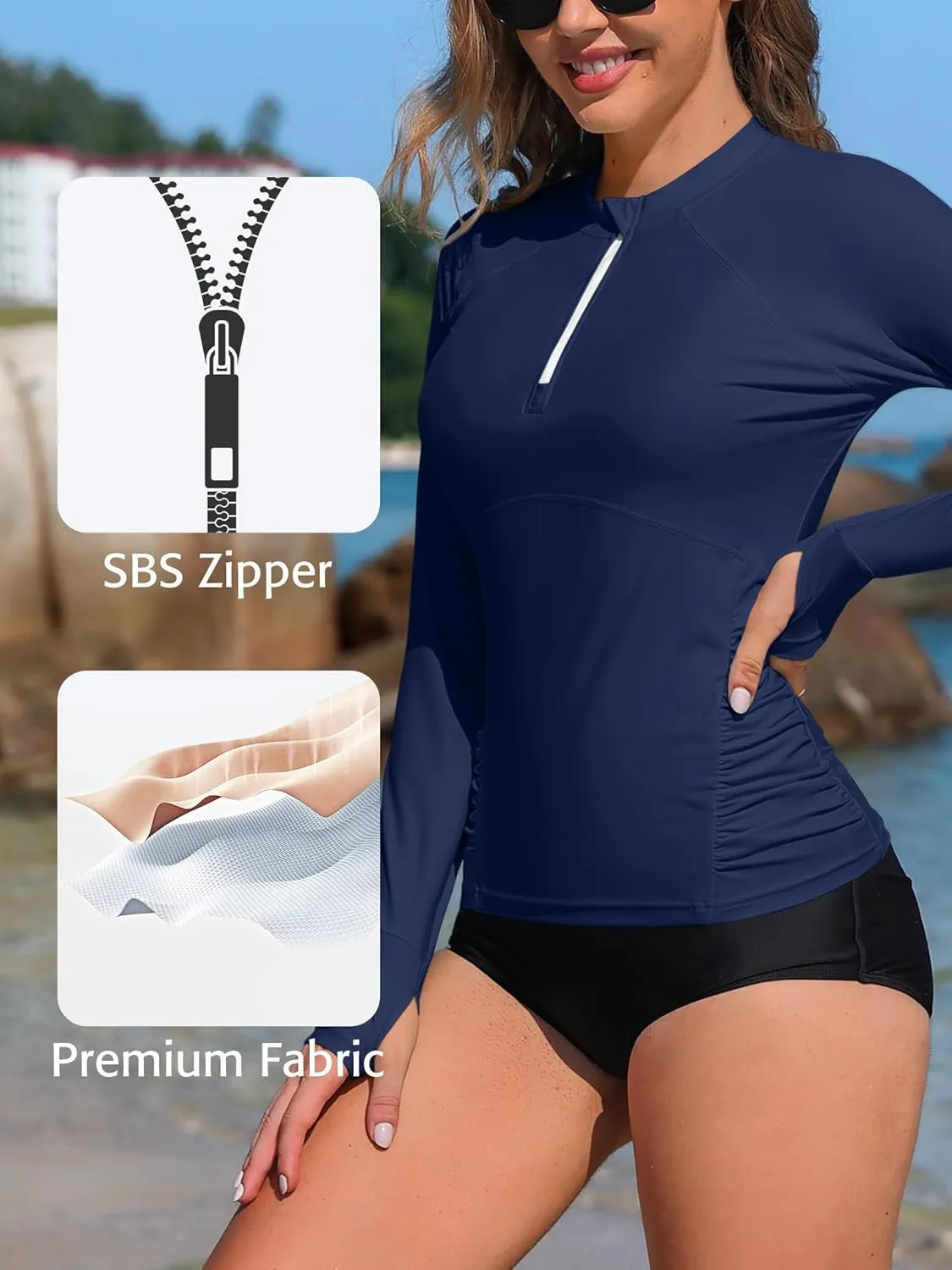 ATTRACO Women Rash Guard Long Sleeve Swimsuits UV UPF 50  Zipper Swim Shirt Quick Dry Sun Shirts
