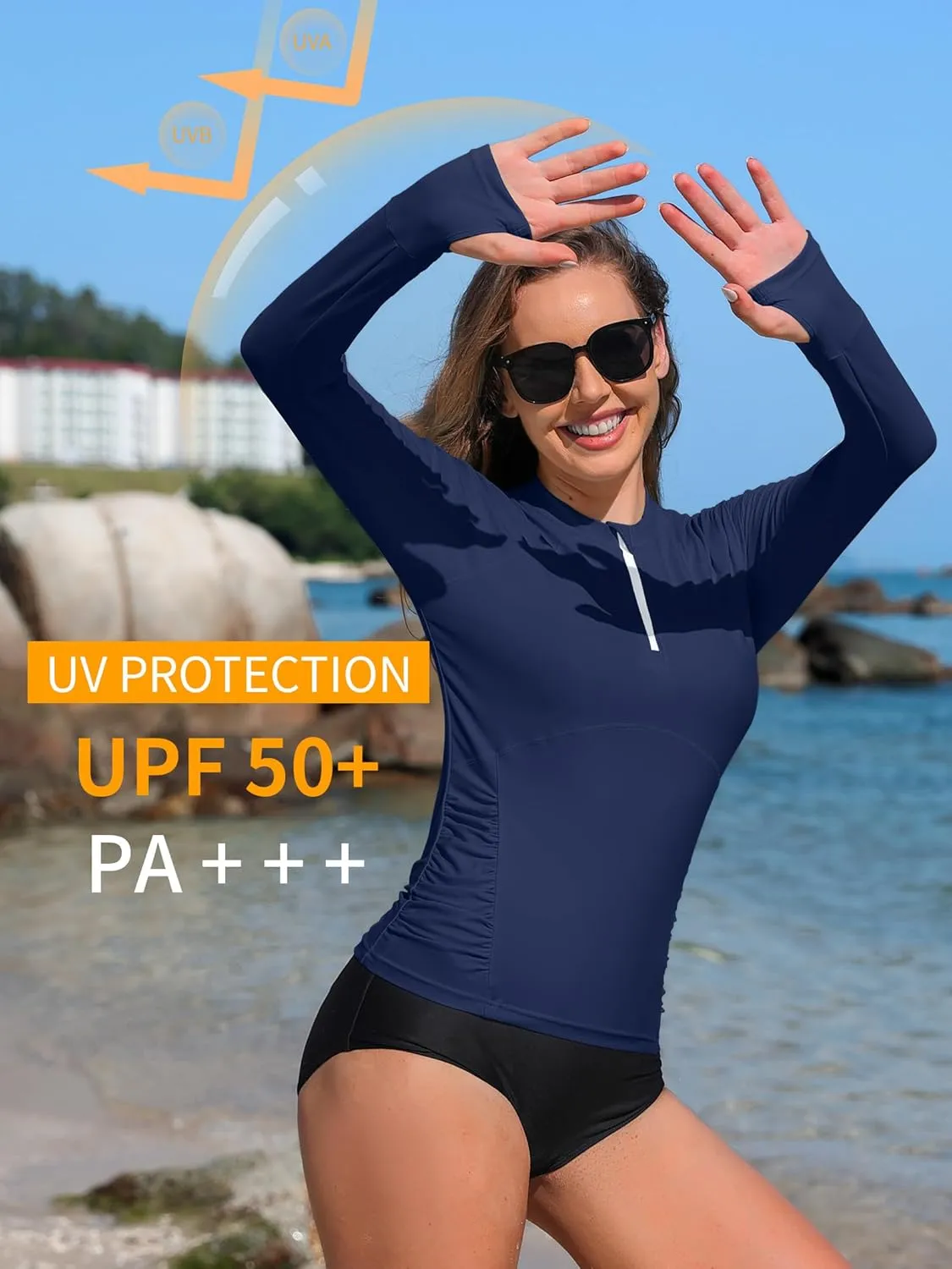 ATTRACO Women Rash Guard Long Sleeve Swimsuits UV UPF 50  Zipper Swim Shirt Quick Dry Sun Shirts