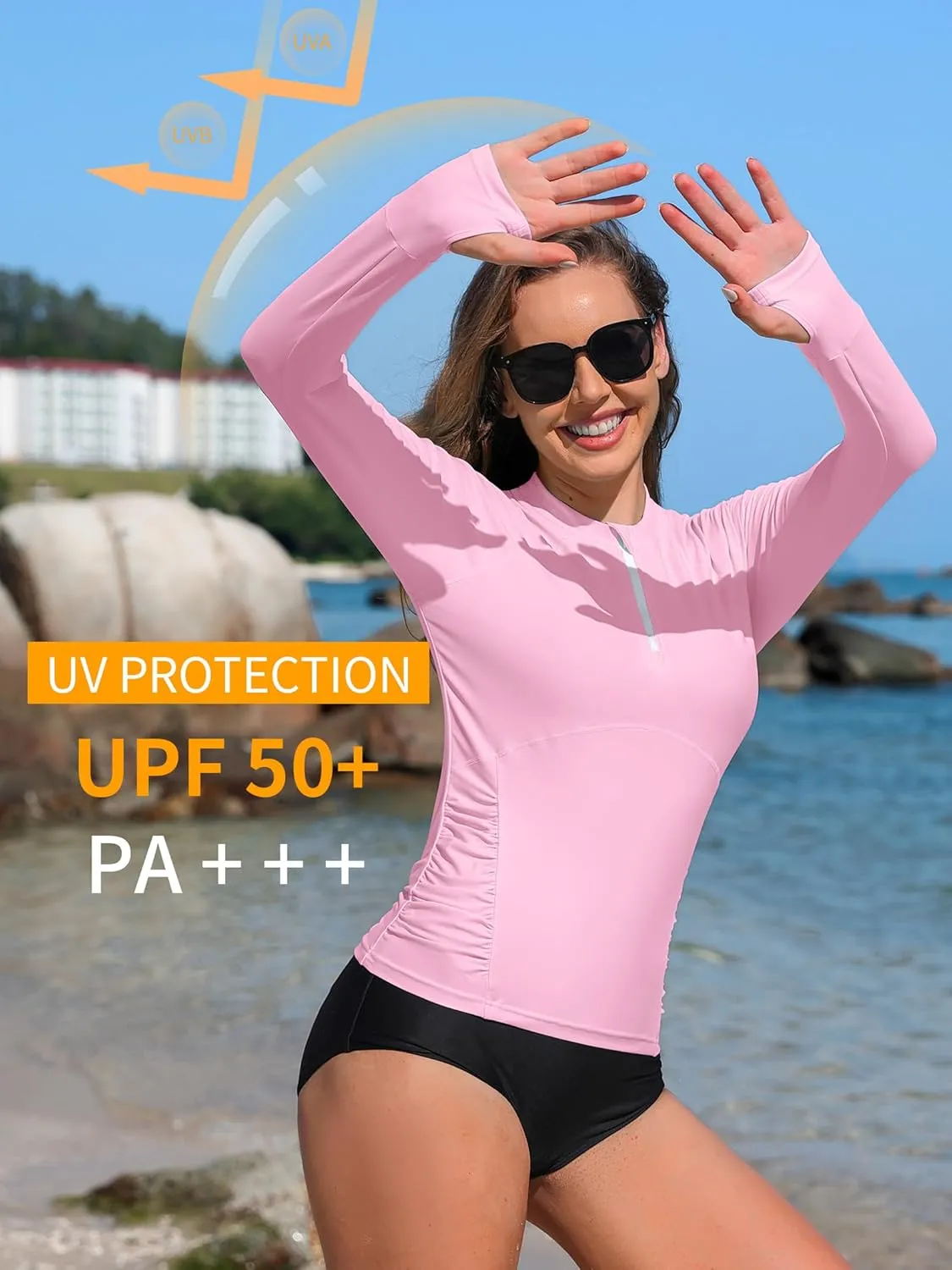 ATTRACO Women Rash Guard Long Sleeve Swimsuits UV UPF 50  Zipper Swim Shirt Quick Dry Sun Shirts