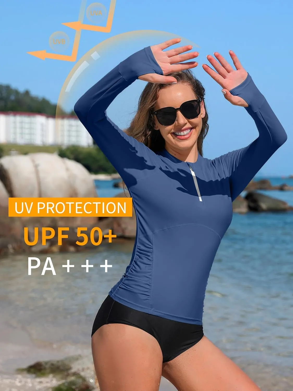 ATTRACO Women Rash Guard Long Sleeve Swimsuits UV UPF 50  Zipper Swim Shirt Quick Dry Sun Shirts