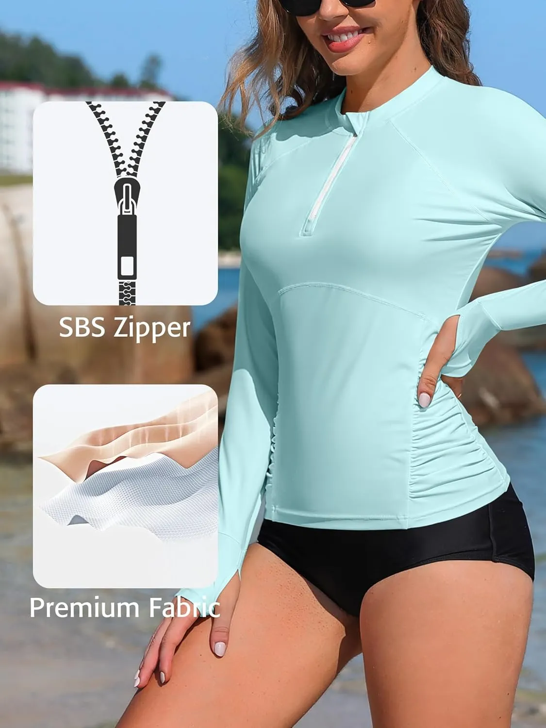 ATTRACO Women Rash Guard Long Sleeve Swimsuits UV UPF 50  Zipper Swim Shirt Quick Dry Sun Shirts