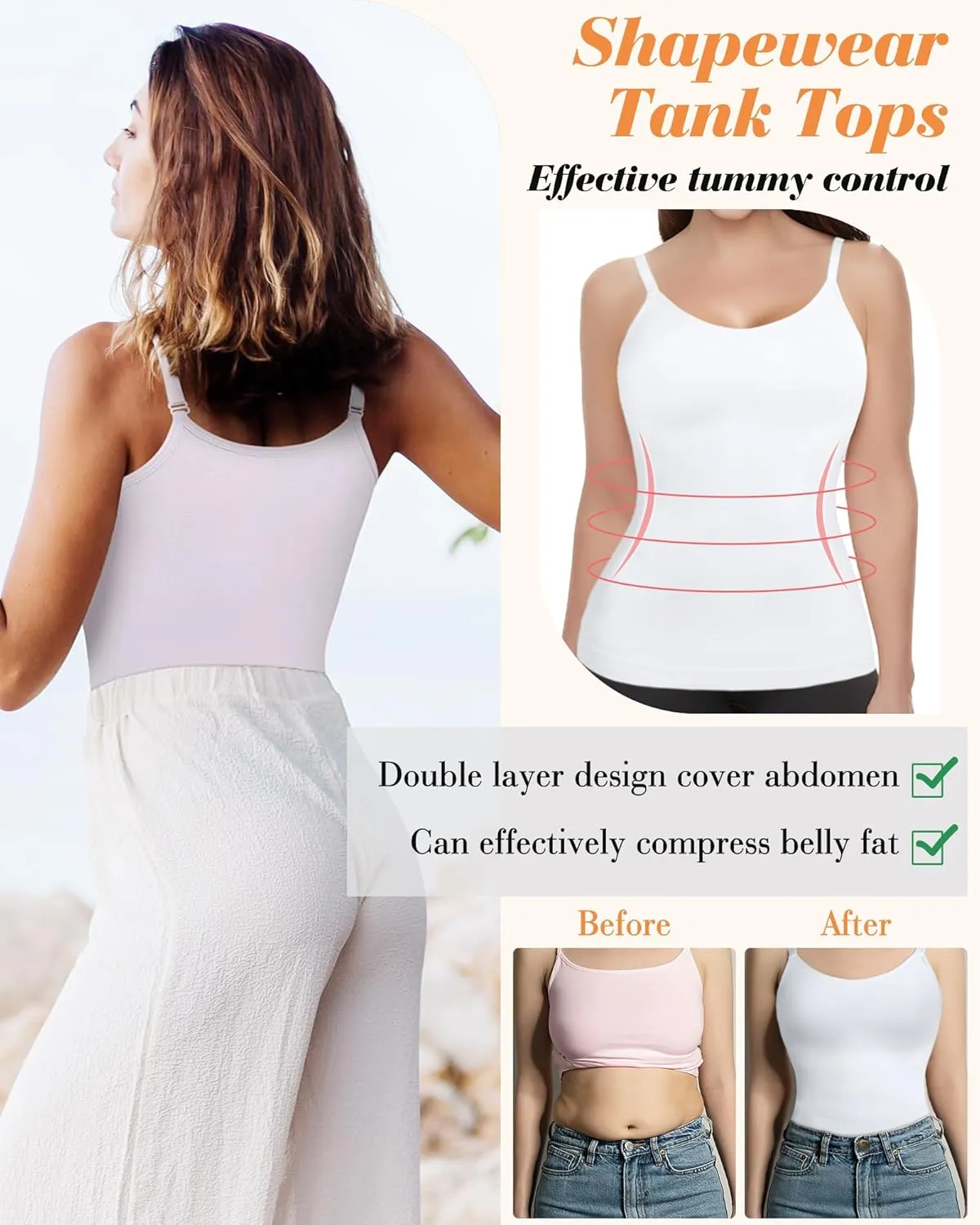 AURUZA 2PCS Womens Shapewear Tummy Control Scoop Neck Camisole Tops for Women Seamless Compression Tank Top Regular Plus Size