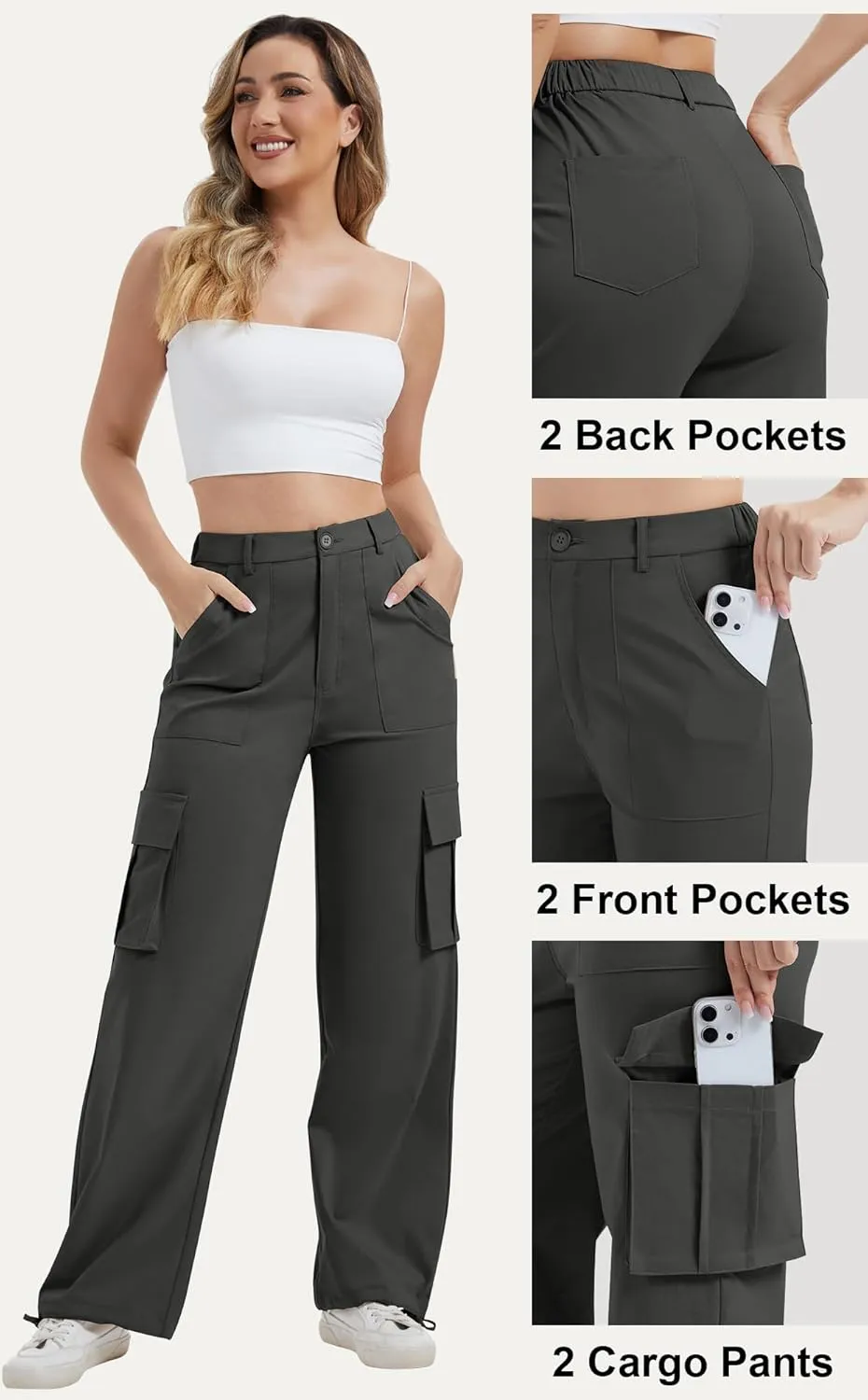 AVAMO Stretchy Cargo Pants for Women with Pockets High Waisted Baggy Wide Leg Y2K Lightweight Hiking Casual Streetwear