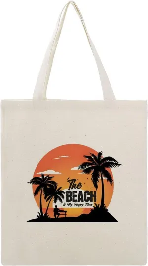 Beach Is My Happy Place Lettering Canvas Tote Bag Reusable Shopping Bag