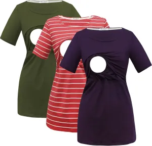 Bearsland Women's 3 Packs Cotton Maternity Nursing Tops Short Sleeve Breastfeeding Clothes
