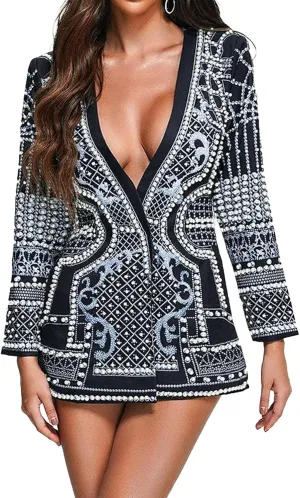 BELLA BARNETT Printed Blazer Dress for Women Blazer Dress Deep V Neck Women Blazer Long Sleeve Blazer Dress
