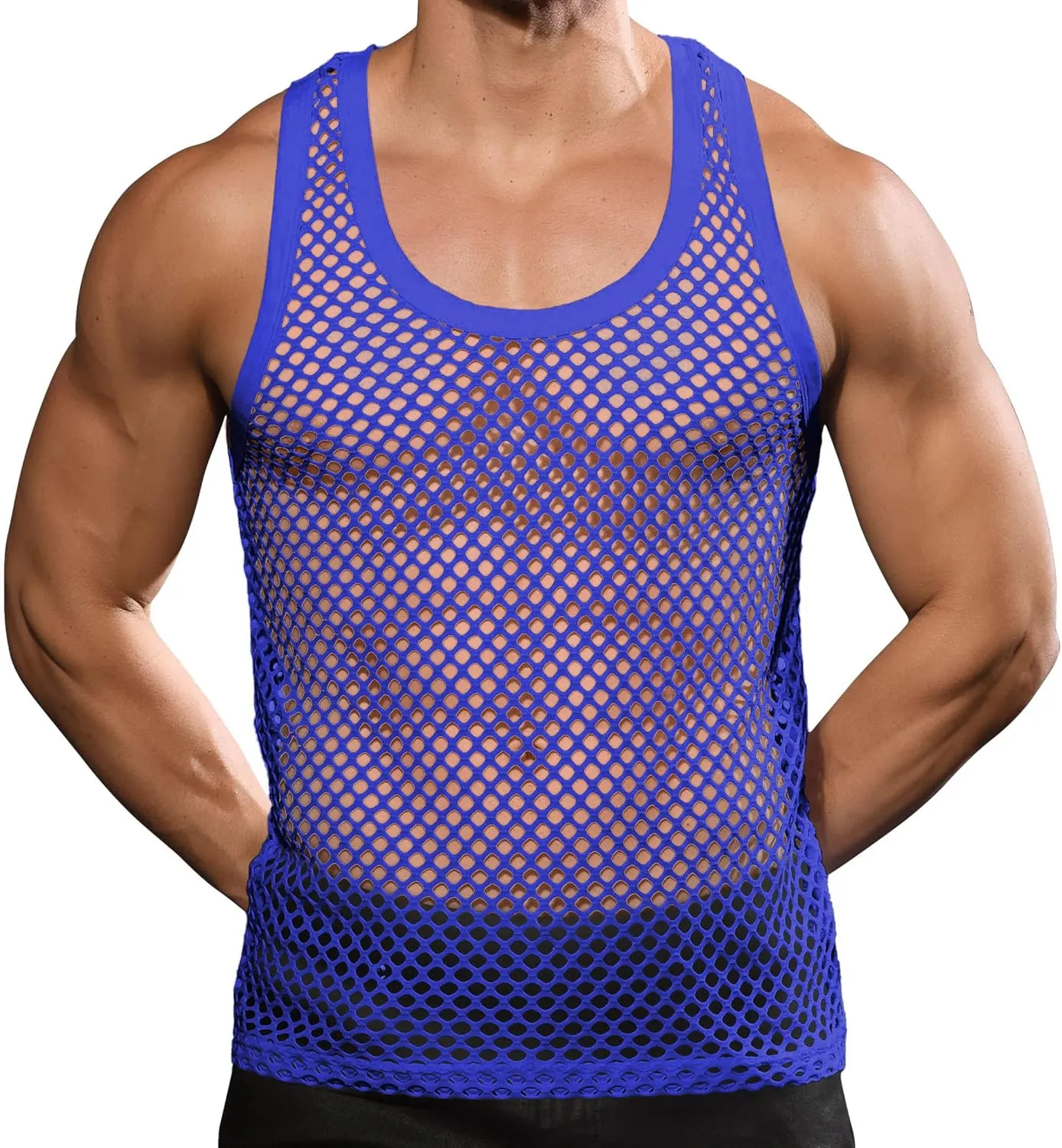 Beotyshow Mens Mesh Fishnet Tank Tops Fitted Sleeveless Night Club Style Muscle Top Summer Workout Beach Shirts