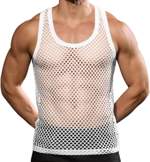 Beotyshow Mens Mesh Fishnet Tank Tops Fitted Sleeveless Night Club Style Muscle Top Summer Workout Beach Shirts