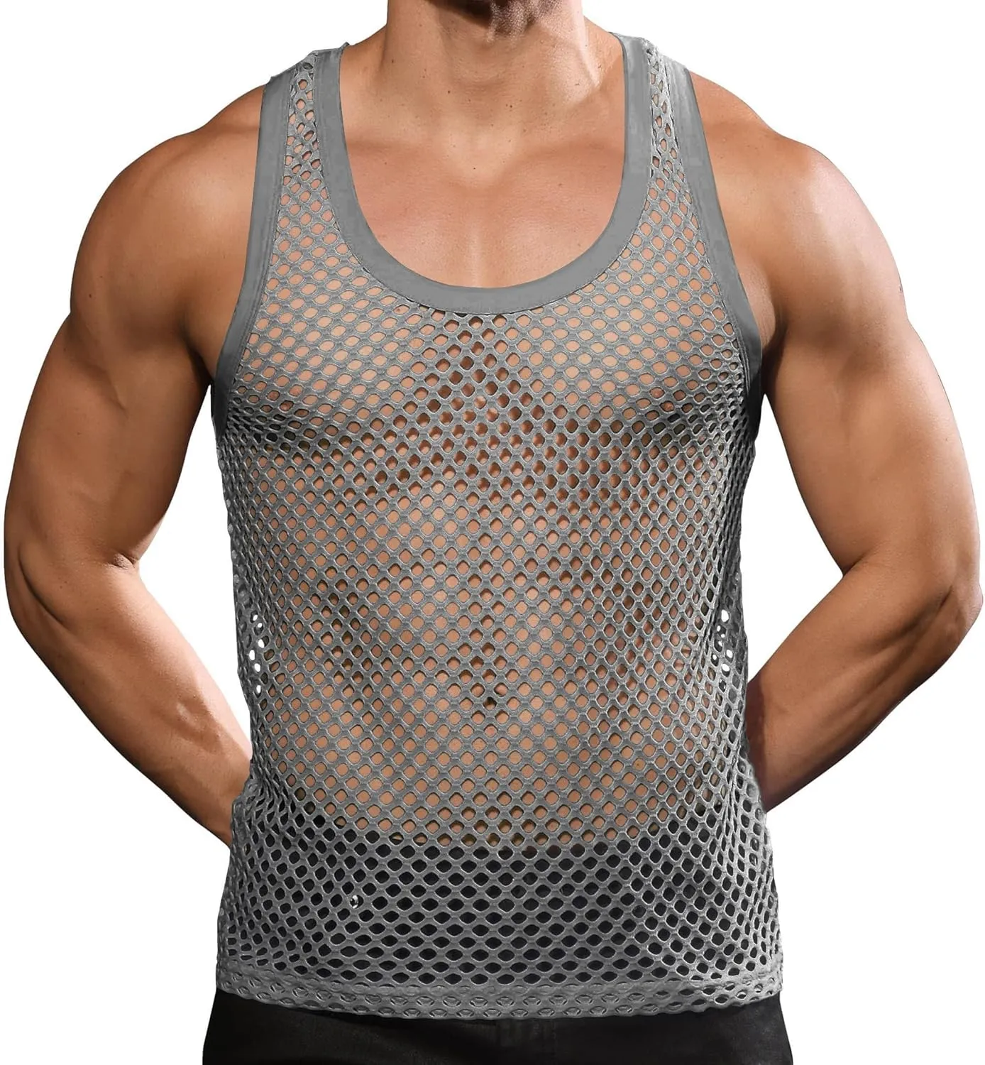 Beotyshow Mens Mesh Fishnet Tank Tops Fitted Sleeveless Night Club Style Muscle Top Summer Workout Beach Shirts