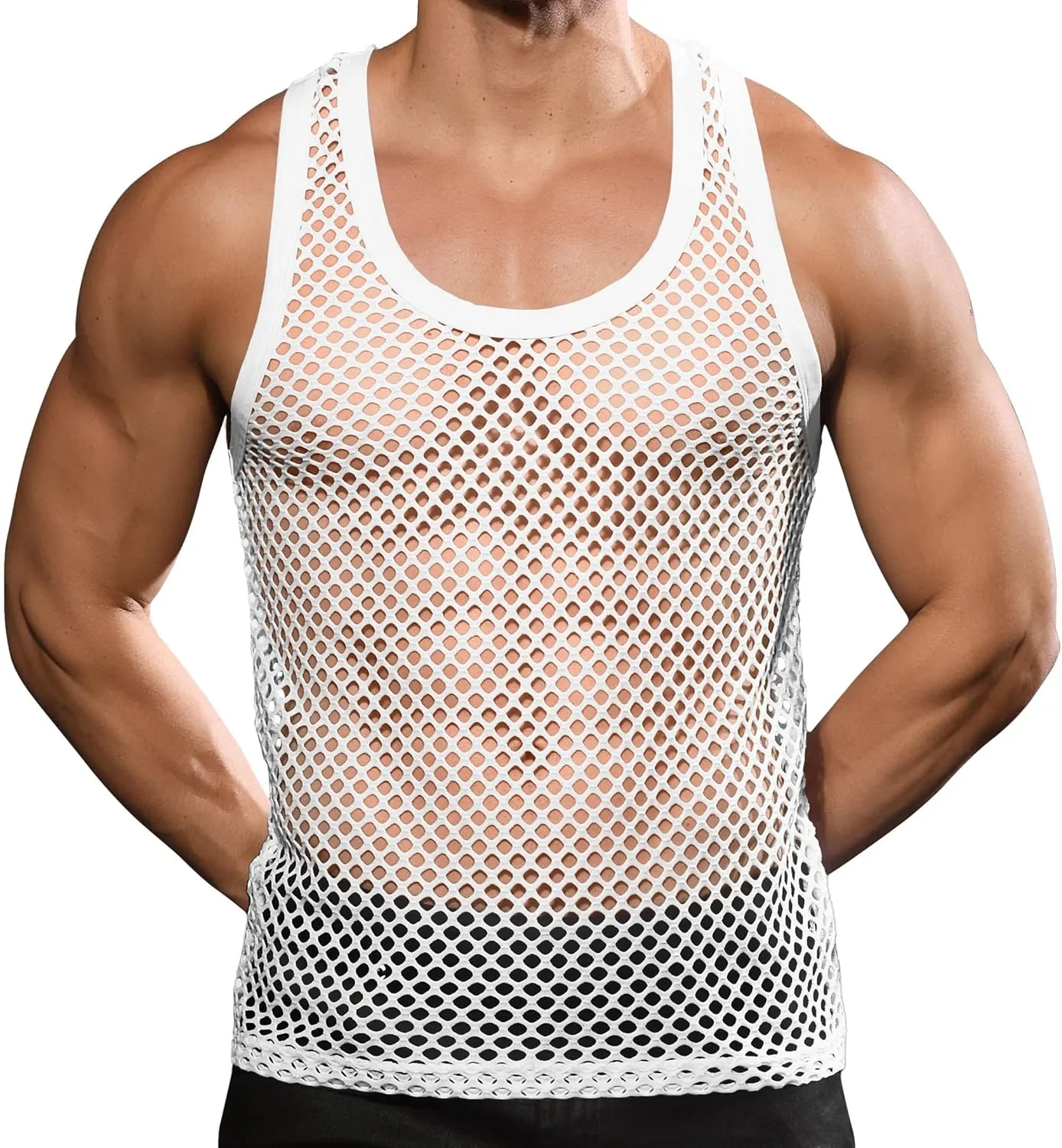 Beotyshow Mens Mesh Fishnet Tank Tops Fitted Sleeveless Night Club Style Muscle Top Summer Workout Beach Shirts