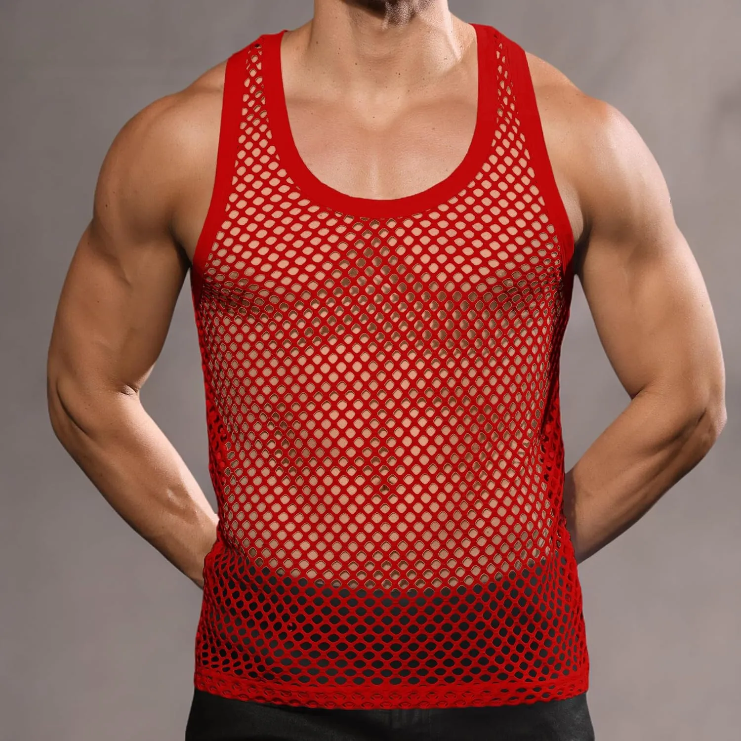 Beotyshow Mens Mesh Fishnet Tank Tops Fitted Sleeveless Night Club Style Muscle Top Summer Workout Beach Shirts