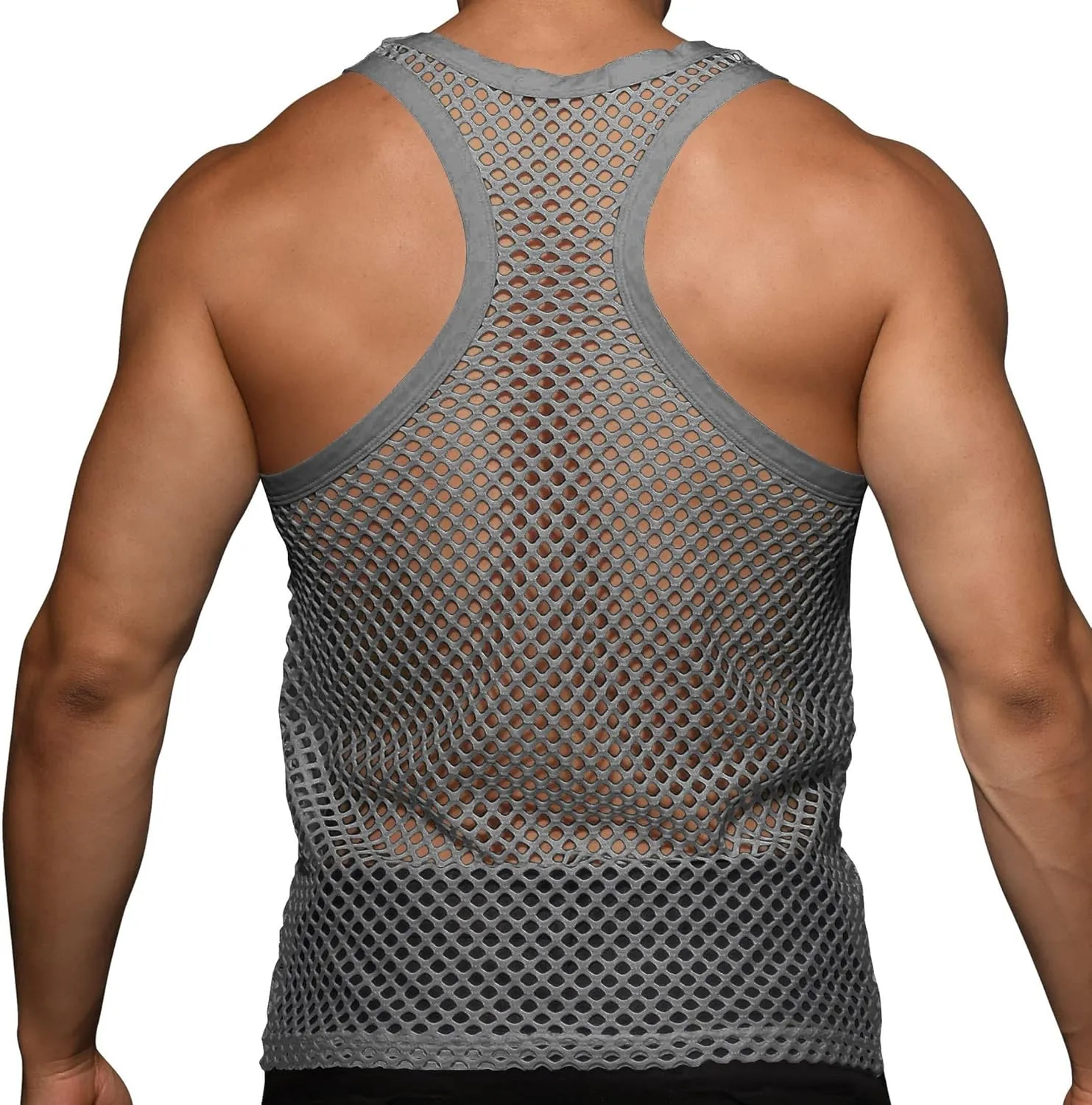 Beotyshow Mens Mesh Fishnet Tank Tops Fitted Sleeveless Night Club Style Muscle Top Summer Workout Beach Shirts