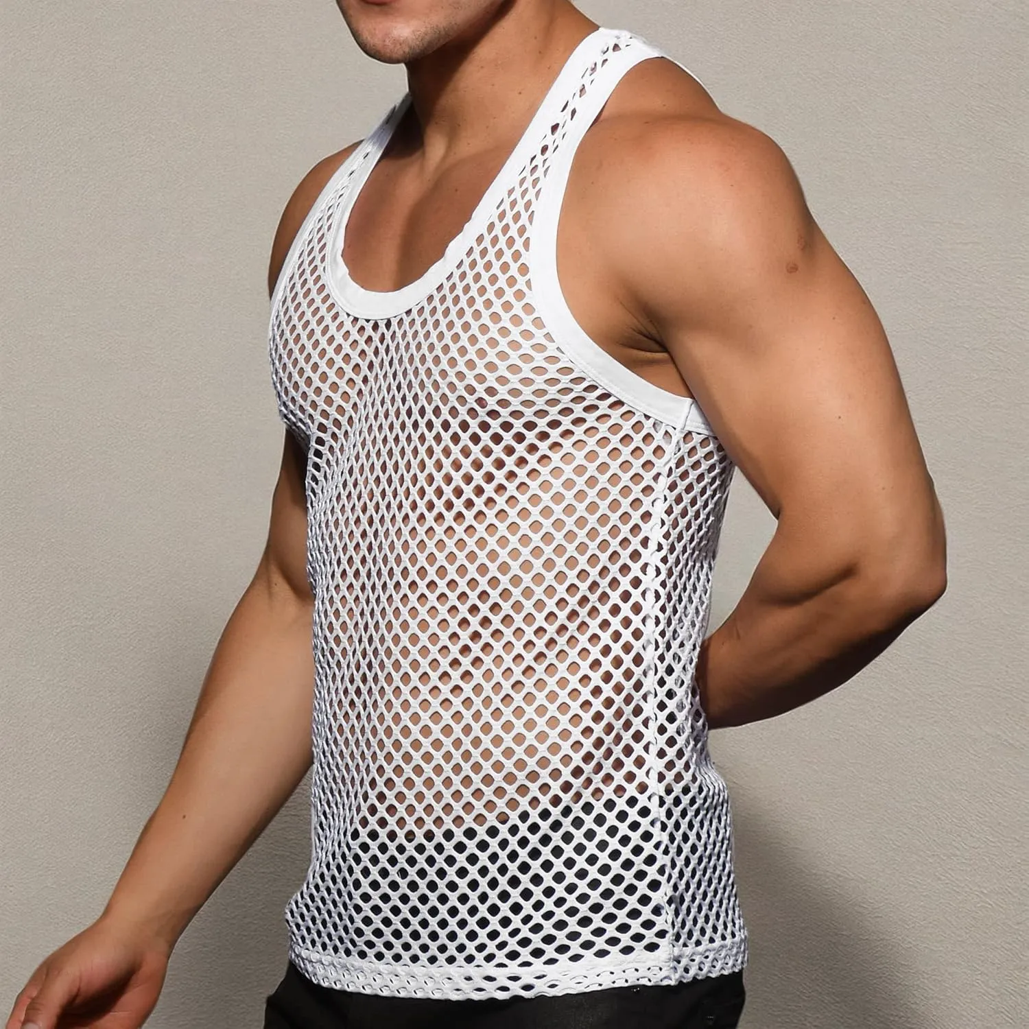 Beotyshow Mens Mesh Fishnet Tank Tops Fitted Sleeveless Night Club Style Muscle Top Summer Workout Beach Shirts
