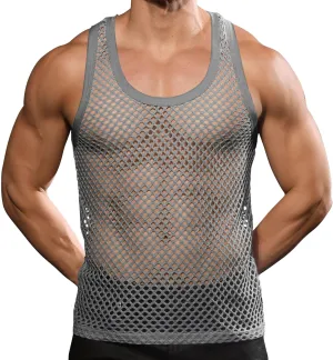 Beotyshow Mens Mesh Fishnet Tank Tops Fitted Sleeveless Night Club Style Muscle Top Summer Workout Beach Shirts