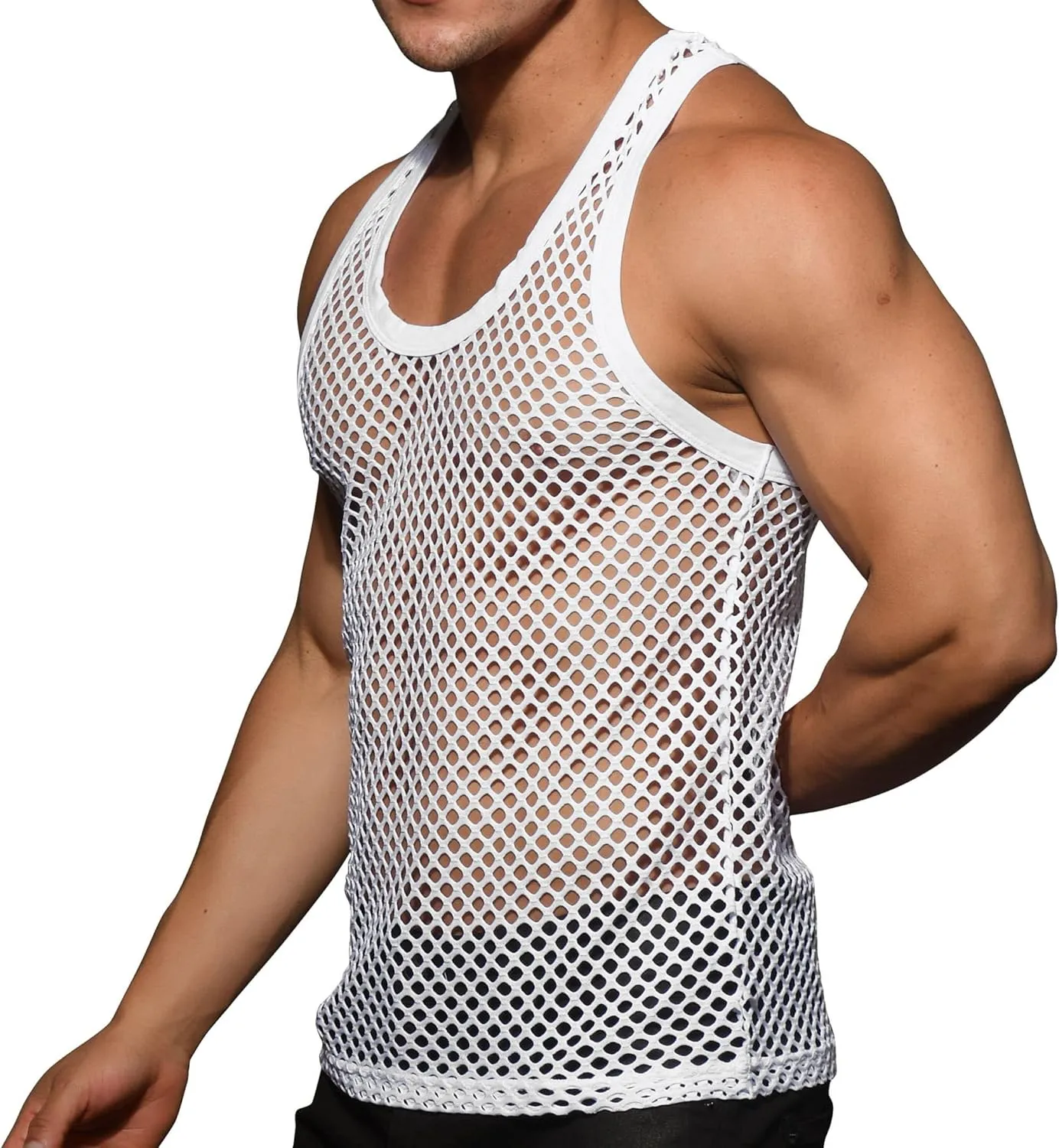 Beotyshow Mens Mesh Fishnet Tank Tops Fitted Sleeveless Night Club Style Muscle Top Summer Workout Beach Shirts