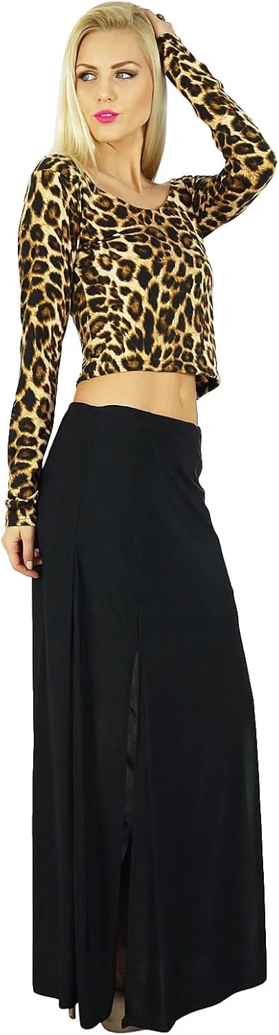 Bimba Women Black Long Skirt with 2 Slits Stretch Spandex Fabric Bohemian Style