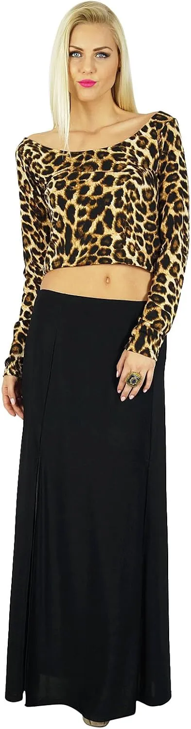 Bimba Women Black Long Skirt with 2 Slits Stretch Spandex Fabric Bohemian Style