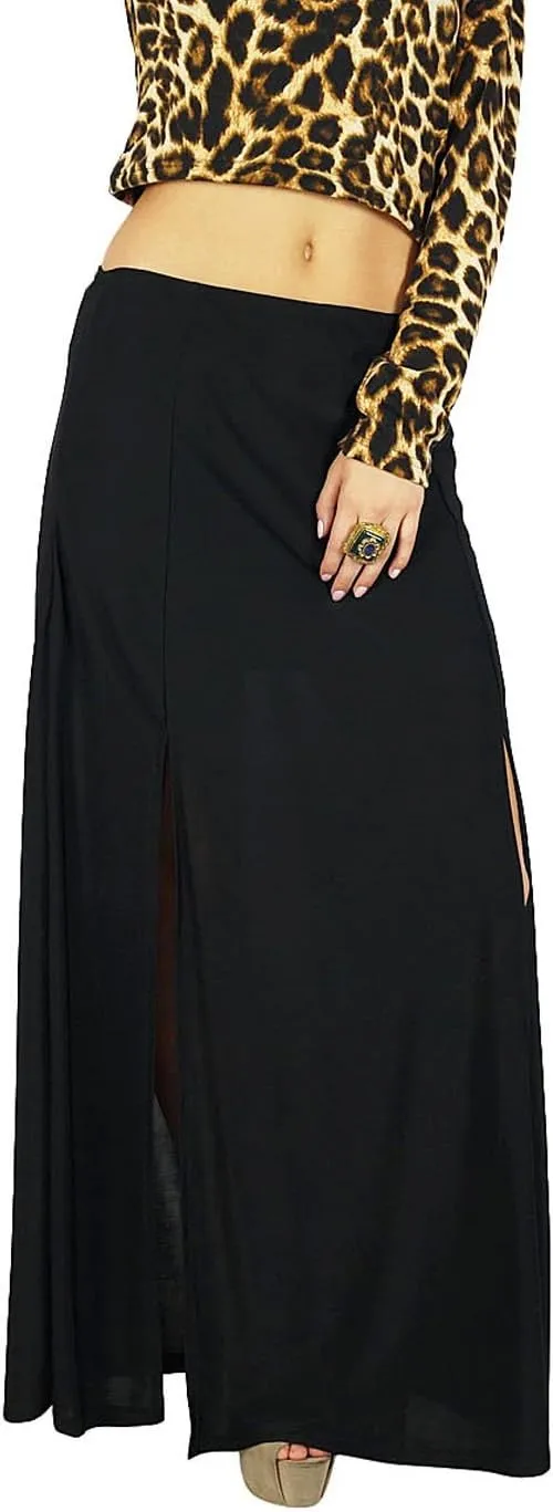 Bimba Women Black Long Skirt with 2 Slits Stretch Spandex Fabric Bohemian Style