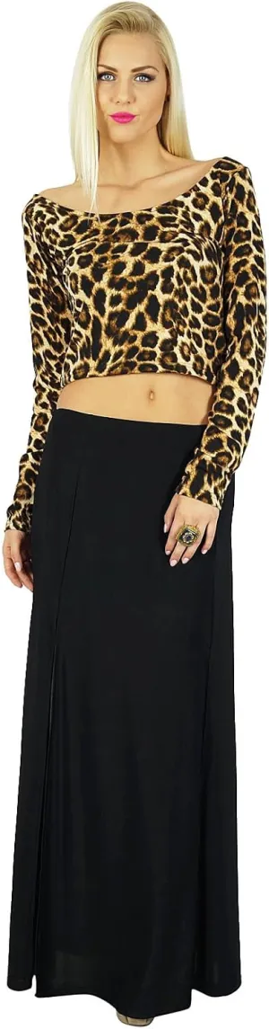 Bimba Women Black Long Skirt with 2 Slits Stretch Spandex Fabric Bohemian Style
