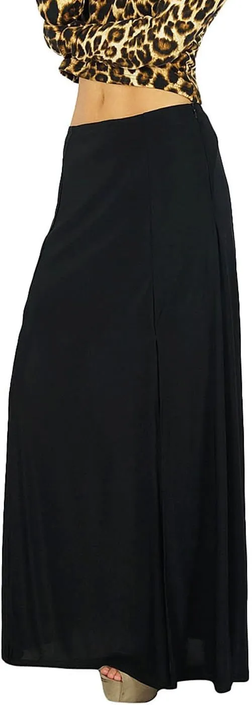 Bimba Women Black Long Skirt with 2 Slits Stretch Spandex Fabric Bohemian Style