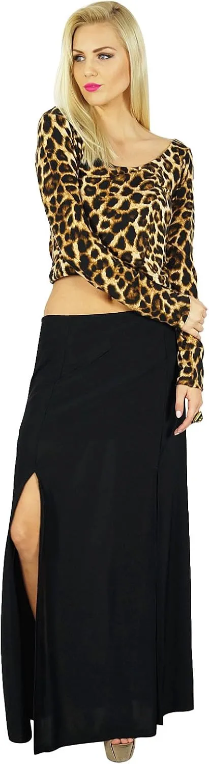 Bimba Women Black Long Skirt with 2 Slits Stretch Spandex Fabric Bohemian Style
