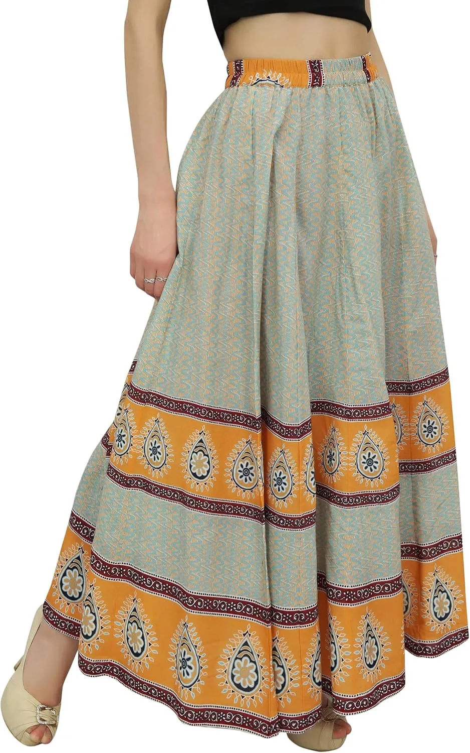 Bimba Women's Cotton Elastic Waist Print Cotton Summer Maxi Skirt