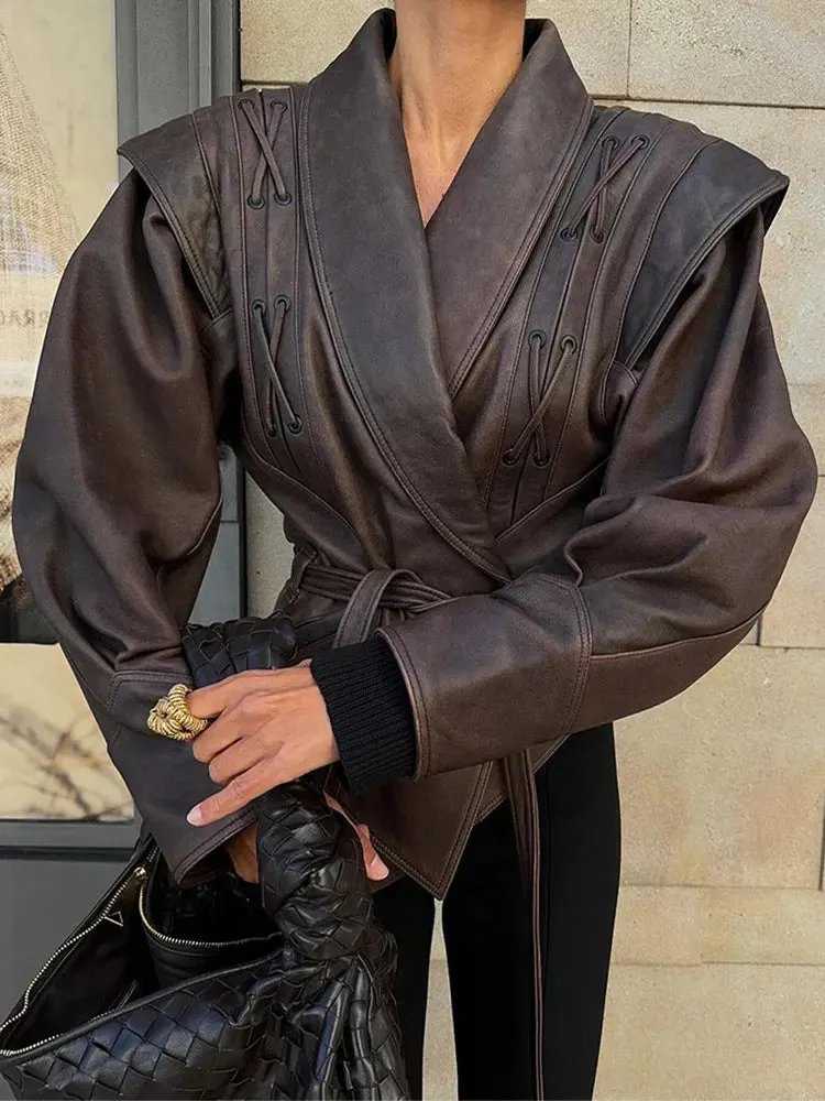 binfenxie Fashion Leather Woman Short Jacket With Belt Turn Down Collar Long Sleeve Motorcycle Coat Ladies Winter Warm Street Outerwear