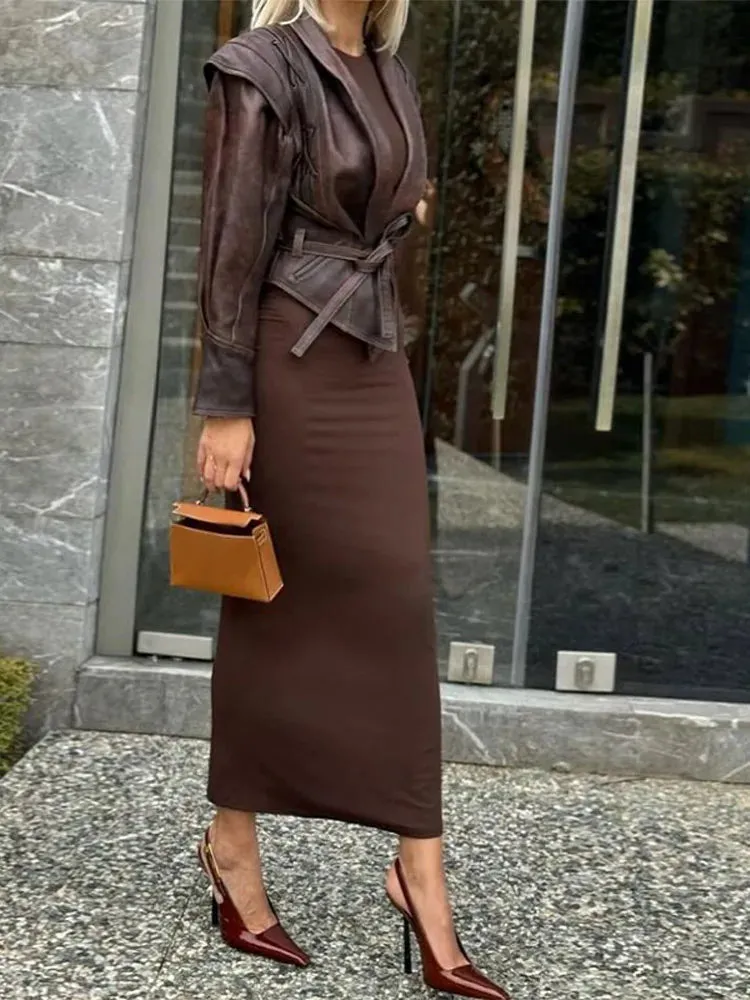 binfenxie Fashion Leather Woman Short Jacket With Belt Turn Down Collar Long Sleeve Motorcycle Coat Ladies Winter Warm Street Outerwear