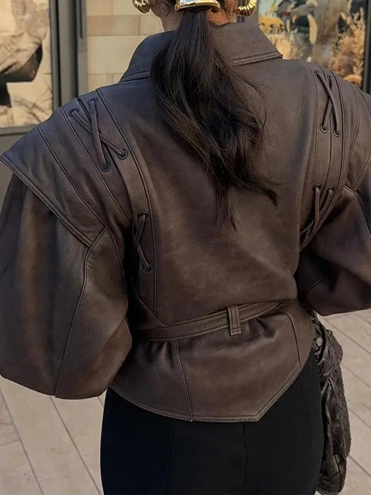 binfenxie Fashion Leather Woman Short Jacket With Belt Turn Down Collar Long Sleeve Motorcycle Coat Ladies Winter Warm Street Outerwear